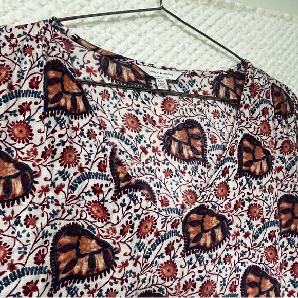 Lucky Brand Blouse Orange Maroon Details Floral Flowy Loose Fit Peasant Sleeve - Picture 5 of 8
